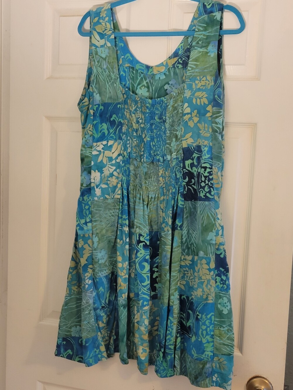 Batik Print Blue and Green Floral Patchwork Sun Dress Size XL Beach Coverup - Picture 10 of 12